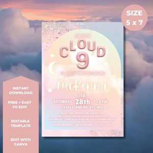 Invitación a la pijamada de Cloud 9: Letras de globos pastel (Plantilla editable de Canva)