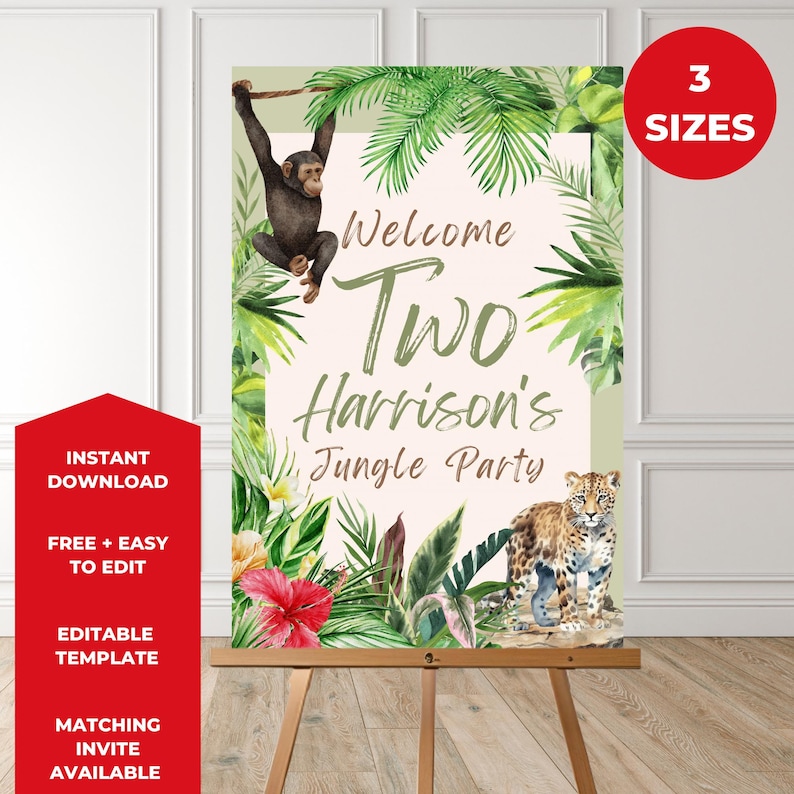 Welcome Harrison Jungle Safari Birthday Welcome Sign: Watercolor Animals (digital ...