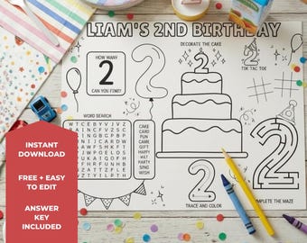 Jogo americano personalizado para atividades de aniversário | Página para colorir infantil, jogos (Download digital)