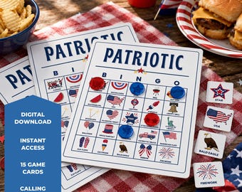 Jogo de Bingo Patriótico para Imprimir, Cartelas de Bingo do 4 de Julho para Crianças e Adultos, Jogos para Festa do Dia da Independência, Atividade para o Dia da Memória, Conjunto de 15