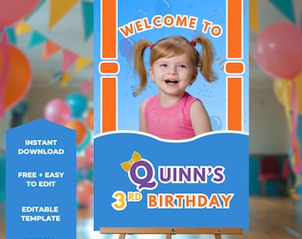 Placa de boas-vindas de aniversário editável com inserção de foto | Modelo Canva (Download digital)