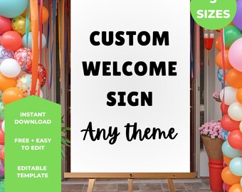 Placa de boas-vindas personalizada | Placa para qualquer tema de evento | Placa de boas-vindas editável no Canva | Decoração de festa para imprimir