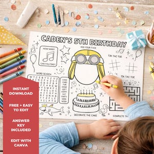May include: A black and white birthday activity sheet with the text "Caden's 5th Birthday". The sheet includes a word search, tic-tac-toe, and a cake to decorate. A child is coloring the sheet with a yellow crayon. Crayons and confetti are scattered around.