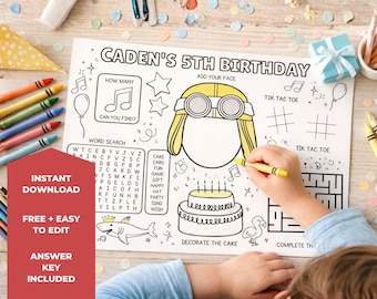 Personalized Kids Birthday Activity Placemat | Games, Coloring, Word Search (Digital Download)
