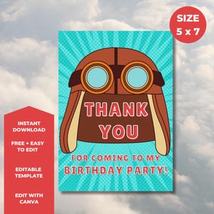 Bearbeitbare Flugzeugpilot Geburtstag Dankeskartenvorlage für Kinderparty - Sofortiger Download 5x7 digitale Datei - Aviator Theme Canva Vorlage