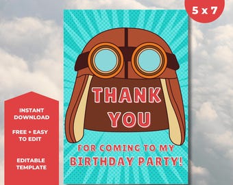 Danksagungskarte zum Geburtstag des Flugzeugpiloten: Aviator-Thema, bearbeitbare Canva-Vorlage (Digitaler Download 5x7 ")"