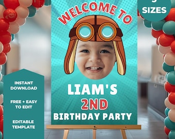 Placa de boas-vindas editável | Placa de boas-vindas para festa de aniversário | Placa personalizada com qualquer tema | Imprimível no Canva | Convite combinando disponível