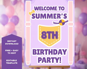 Placa de boas-vindas de aniversário rosa, roxa e amarela | Decoração de festa editável no Canva (Download instantâneo)