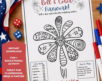 Jogo de atividades infantis para o 4 de julho para imprimir | Jogo de dados e cores com fogos de artifício | Atividade para sala de aula do Dia da Independência | Jogo infantil para festa de churrasco