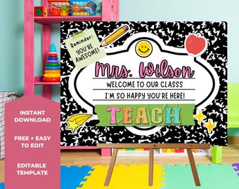 Placa de boas-vindas personalizada para professores | Modelo para decoração de sala de aula no Canva (Download digital)