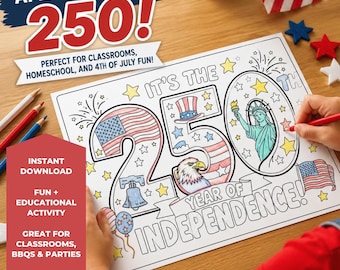 Página para colorir do 250º aniversário da Independência | Atividade infantil imprimível para o 4 de julho | Desenho patriótico para colorir | Atividade para sala de aula sobre os 250 anos da América
