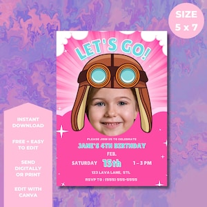 Op de afbeelding: Roze 12,7 x 17,8 cm verjaardagsuitnodiging met een kind met een pilotenmuts. De tekst "LET'S GO!" staat bovenaan, met feestdetails eronder. Bevat "DIRECT DOWNLOADEN" en "BEWERKEN MET CANVA".