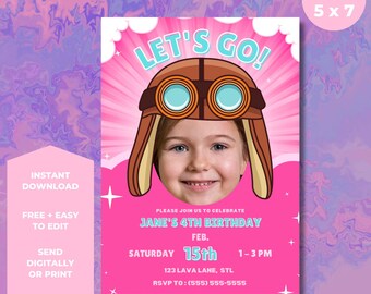 Convite de aniversário rosa com tema de aviação e foto | Convite editável para festa com tema de avião (download instantâneo)