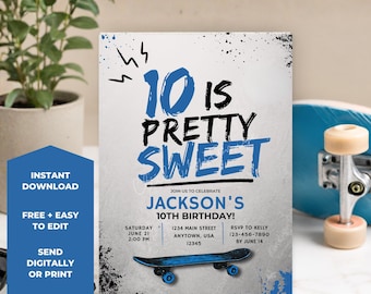 Convite de aniversário editável para festa de skate de 10 anos, convite de aniversário para menino "10 anos é muito legal", download digital para festa de skate azul.