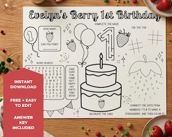 Jogo americano de atividades para festa de aniversário de 1 ano com tema de morango, jogos para festa de morango, folha para colorir (download digital)