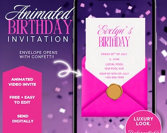 Luxury Animated Pink Birthday Invitation | Editable Video Invite with Envelope Opening