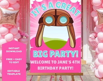 Placa de boas-vindas rosa para aniversário com tema de aviador | Decoração para festa com tema de piloto (Modelo editável)
