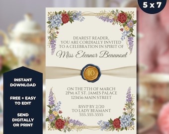 Modelo de convite estilo Regência, convite vintage floral para festa do chá, convite de aniversário editável no Canva, elegante festa no jardim, tamanho 5x7 para imprimir.