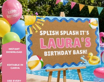 Placa de aniversário editável para festa na piscina | Placa de boas-vindas para festa de aniversário com tema aquático | Arquivo para imprimir para festa na piscina de verão | Pôster personalizado para aniversário infantil