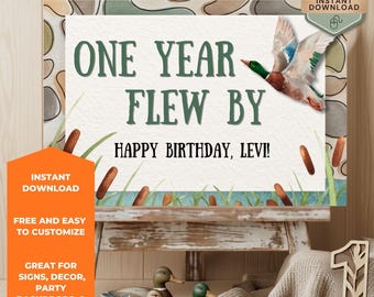 One Year Flew By Birthday Sign Template, Editable Mallard Duck First Birthday Welcome Poster, One Lucky Duck Party Backdrop Digital Download
