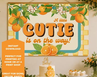 Placa de boas-vindas para chá de bebê "Little Cutie", decoração retrô laranja para festa, pôster digital para impressão, painel de entrada unissex.
