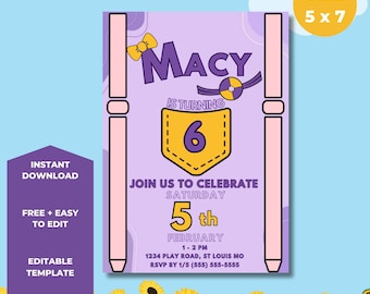 May include: Purple and pink birthday invitation with a yellow pocket and the text "Macy is turning 6" and "Join us to celebrate Saturday, 5th February 1-2 PM 1234 Play Road, St Louis MO RSVP by 1/5 (555) 555-5555".