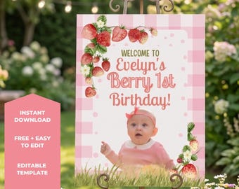 Placa de boas-vindas para o 1º aniversário com tema de morango e frutas vermelhas: Festa de piquenique doce com frutas vermelhas (Download digital, modelo do Canva)