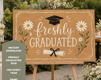 Placa "Recém-Formado" | Placa de Boas-Vindas para Festa de Formatura | Pôster de Formatura com Margaridas Pintadas à Mão | Decoração de Formatura para Imprimir | 91x61 cm | Digital