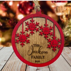 Custom 2022 family ornament with an engraved snowflake for each family member | Two layer 1-8 family member snowflake Christmas ornament