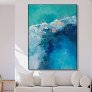 Handmade Abstract Lake Painting: Blue Modern Canvas Wall Art