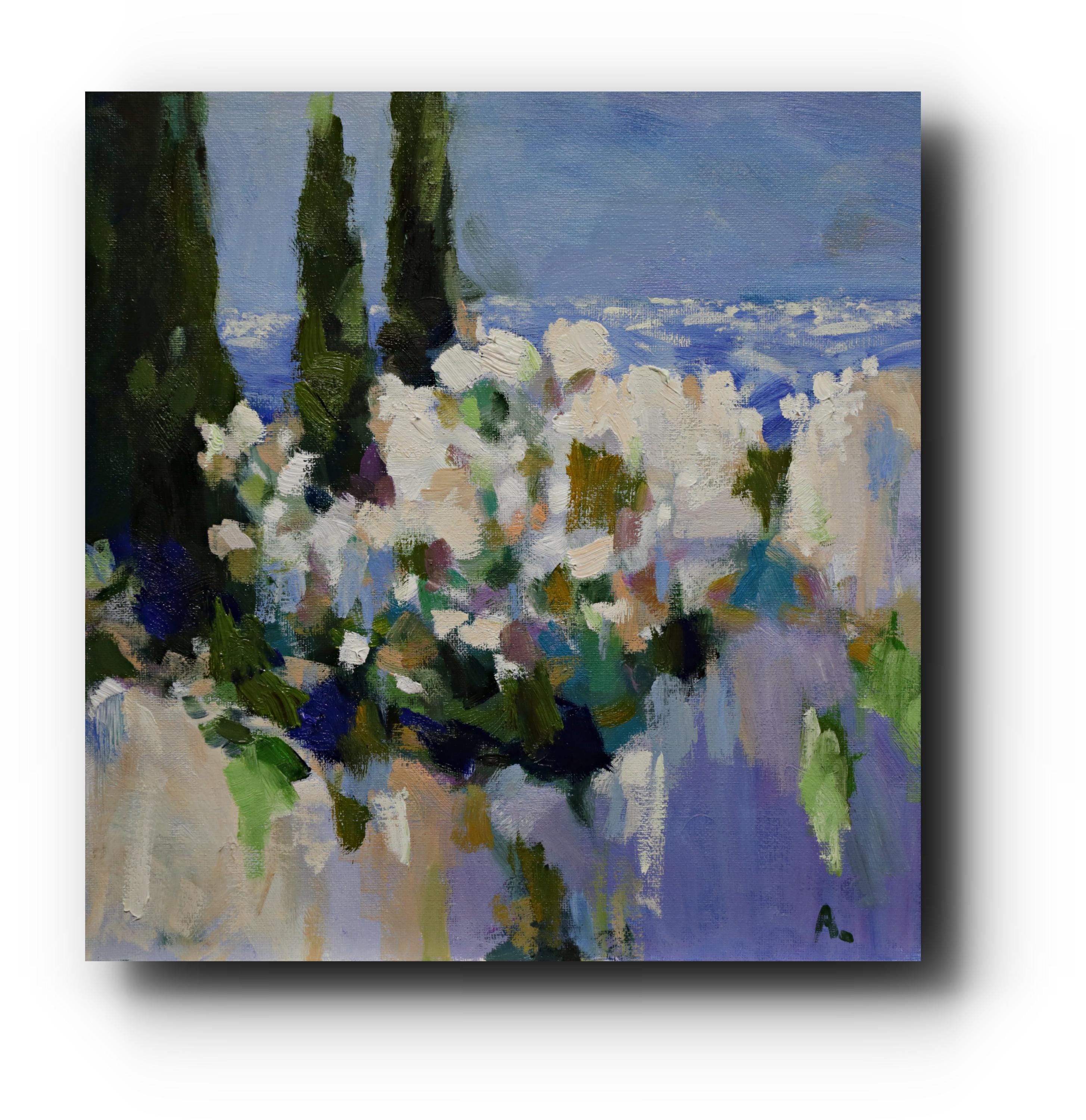 森の油絵：森の光の中の白い花、12x12の自然アート - Etsy 日本