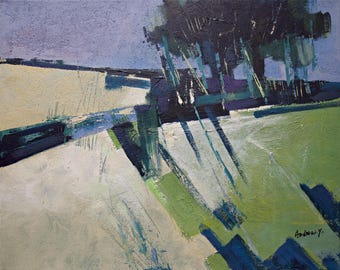 Abstract Landscape Giclée Print | Green Ridge, Blue Gold Horizons, Japandi Wall Art