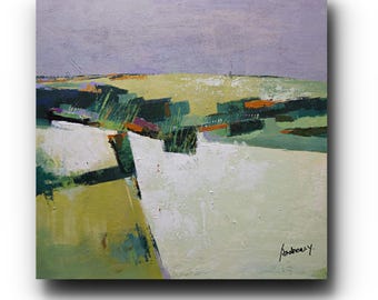 Original Abstract Landscape Painting, Blue Gold Sage, 24x24 Mixed Media Canvas