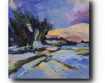 Mini Winter Landscape Oil Painting: Frosted Light on a Snowy Road, 4x4 Collectible Art
