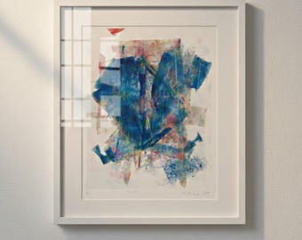 Blue Teal Abstract Art Print, Japandi Wabi Sabi, Canvas or Paper