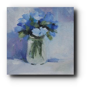 MF05- Quiet Blue | 4x4 Original Handmade Mini Oil Painting on Canvas, Miniature Floral Art in Blue Tones, Collectible Wall Decor, Mini Gift