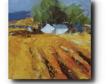 Misty Hills Miniature Oil Painting: Soft Glow Landscape Art, 4x4" Canvas