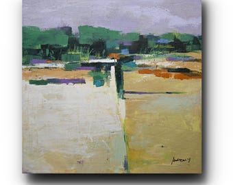 Meadow Blocks | 24x24 Original Mixed Media Stretched Canvas Painting, Blue & Gold Horizons, Green Ochre Abstract Landscape Japandi Wall Art