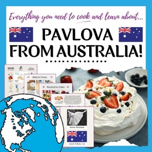 May include: A collection of printable recipe cards for making Pavlova, a meringue-based dessert originating from Australia. The cards feature illustrations of ingredients, steps, and decorating ideas. The image also includes a globe, a ballerina, and a Pavlova dessert topped with strawberries and blueberries.
