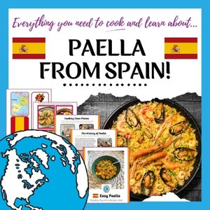 May include: A colorful display board and recipe unit for teaching about paella, a Spanish rice dish. The board features images of paella, a map of Spain, and the Spanish flag. The text "Easy Paella" is printed on the board.