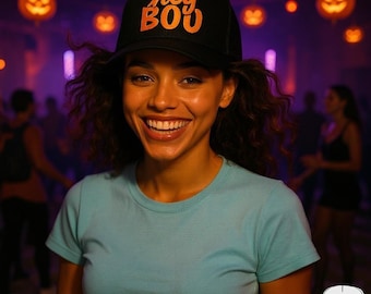 Hey boo Hat Two Tone Upside Down Halloween screen printed Halloween trucker pumpkin fall spooky