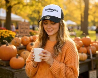 Halloween town Spooky Hat Two Tone Upside Down Halloween Embroidered Halloween trucker 5 panel ghost