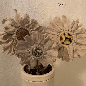 Cloth Flowers, Primitive Flowers, Material Flowers, Faux Flowers, Rustic Flowers, Sunflowers, Canning Ring Flowers, Mother's Day, Gifts Her