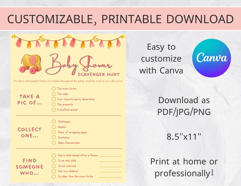 Baby Shower Scavenger Hunt Template Momtobe Customizable Etsy