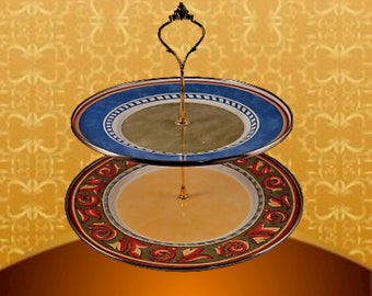 Two Tier Snack or Dessert Serving Dish Set Vintage Metal Enamel Decorated Plates Gold Metal Hardware Boho Chic Buffet Grazing Table Trays