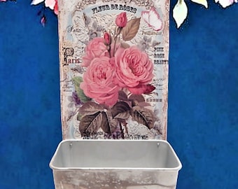 Fat Daddios Loaf Pan Vintage Anodized Aluminum Bin Pink Rose Floral Parisian Tin Sign Upcycle Wall Hanging Kitchen Vanity Storage Caddy