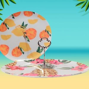 Party Platters Pineapple Pink Hybiscus or Yellow Orange Fruit Melamine Plates Indoor Outdoor Tropical Luau Pool Party Serving Dish