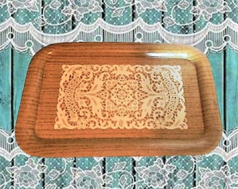 Decorative Tray Vintage 1960s Metal Tea Serving Tray Wood Grain and Lace  Elevated with Acrylic Diamond Knob Feet Vanity Boudoir Decor