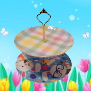 Two Tier Easter Serving Platter Set New Melamine Plaid and White Bunny Rabbit Plates Buffet Table Dish Spring Entertaining Childs Tea Party