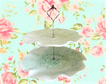 Two Tier Serving Plate Set New Trays Pastel Green Melamine Wavy Edge Dishes New Gold Metal Hardware Wedding Birthday Christmas Platters